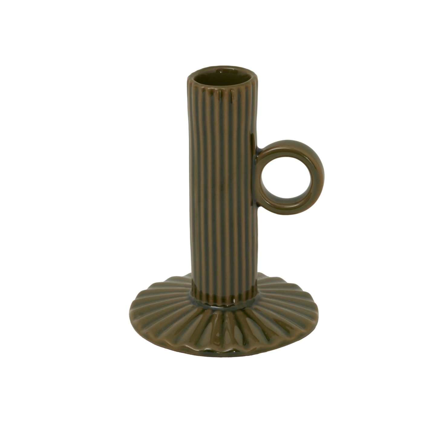 Cylindrical ceramic candle holder with a handle on a white background