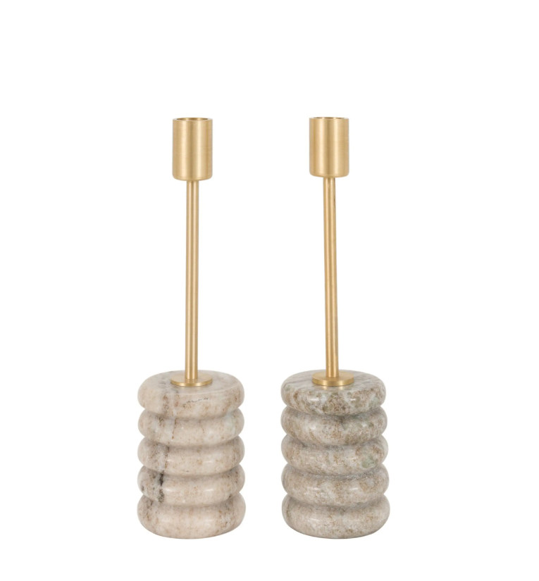 Novi Gold Candlesticks – Beige Marble (Set of 2)