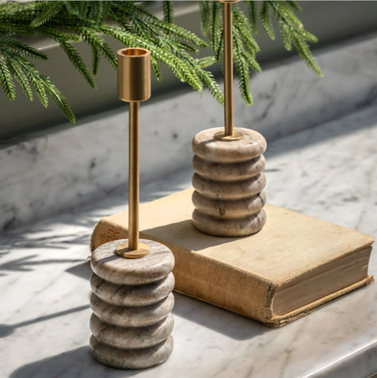 Novi Gold Candlesticks – Beige Marble (Set of 2)